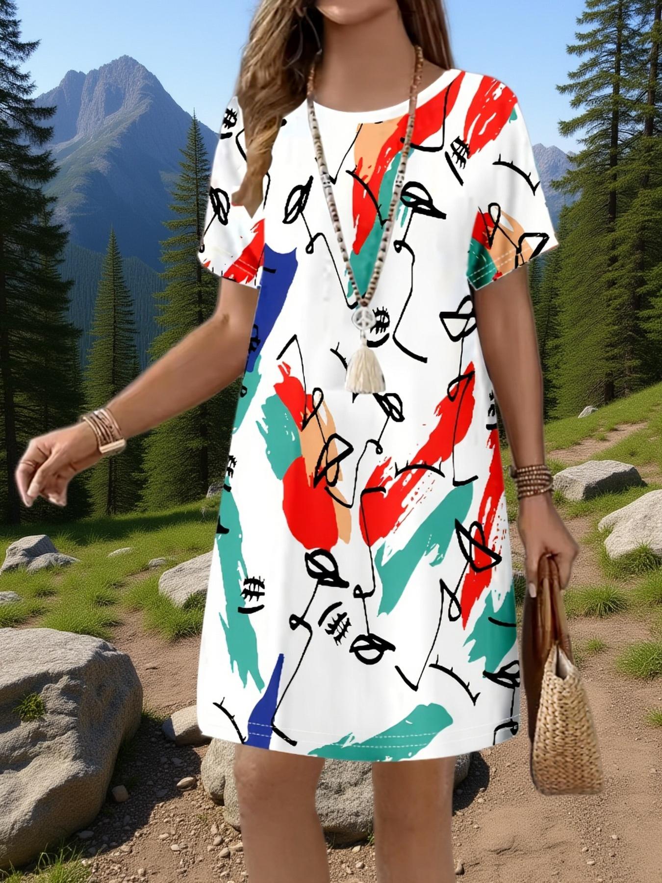 

A Stylish And Casual Short-Sleeved Dress for Women Featuring a 3D Printed Abstract Tie-Dye Face Design 9XL