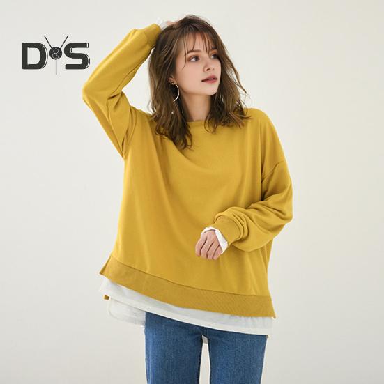 Women Sweatshirt Round Neck Long Sleeve Solid Color Loose Fit Pullover Tops Fake Two Pieces Side Slit Design Casual Sport Tops
