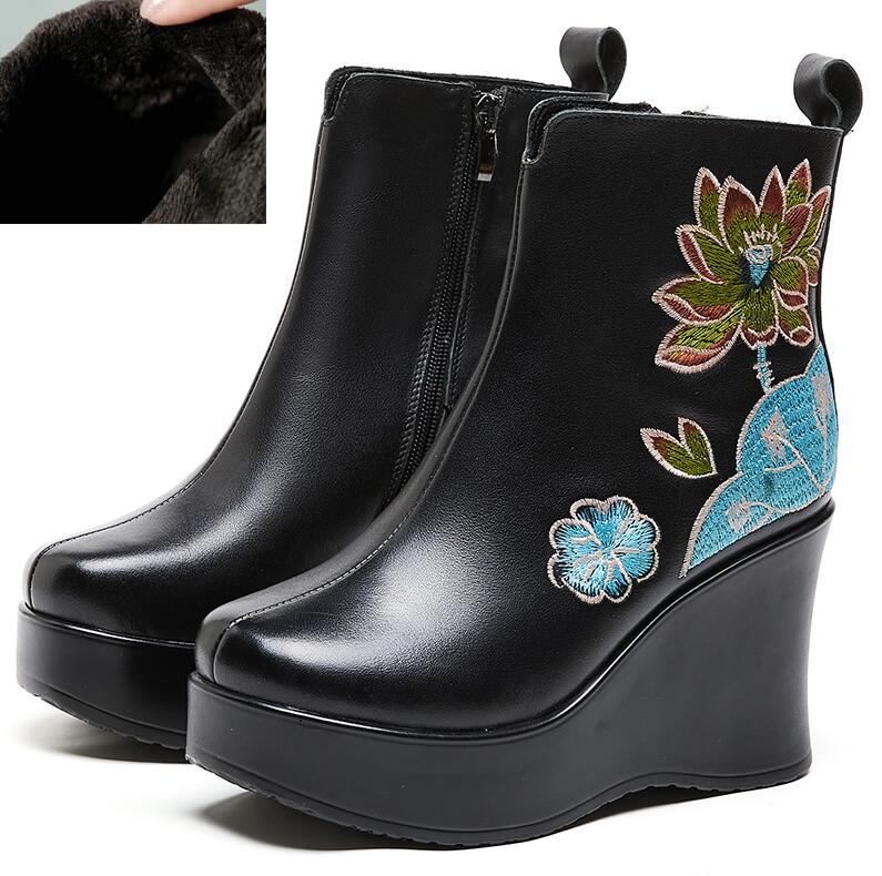 Fashion GKTINOO Handmade Boots For Women Genuine Leather Ankle Shoes Embroidery Vintage Platform Women Shoes Round Toes Wedges Boots