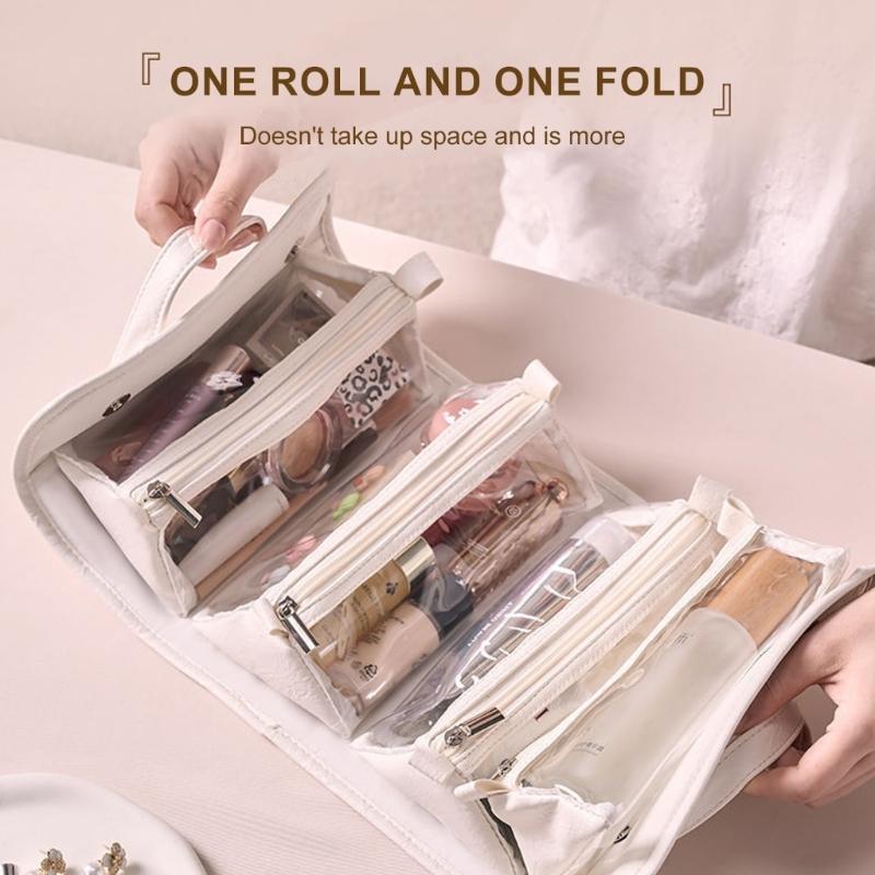 Leather Cosmetic Bag with 4 Clear Removable Separate Compartments Foldable Makeup Bags for Easy Travel and Storage