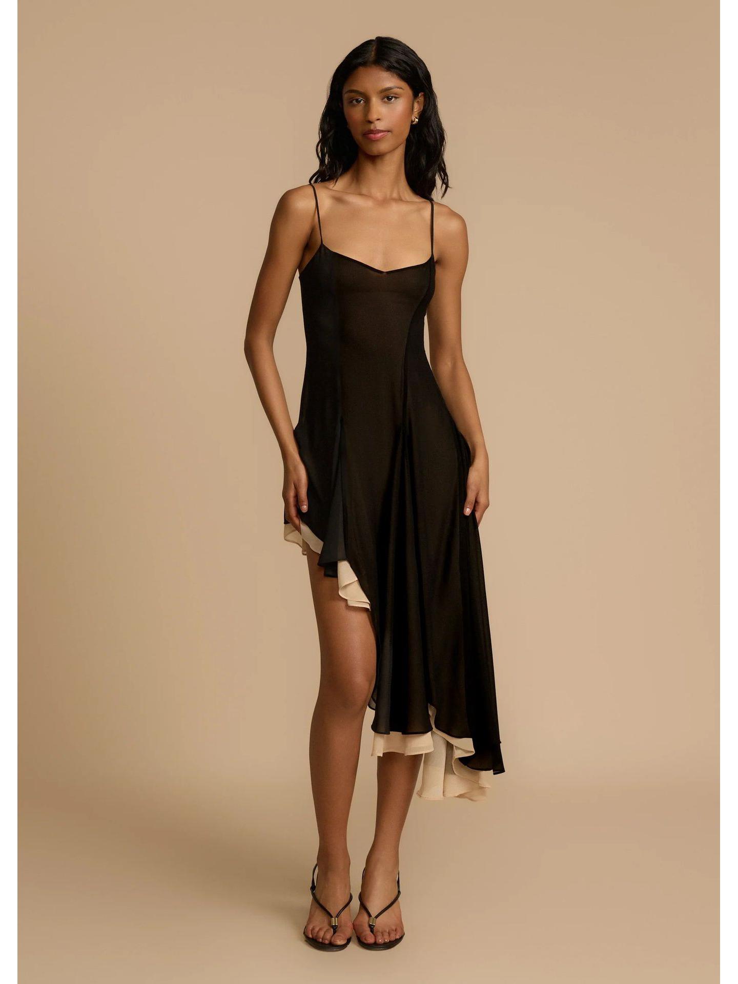 

2025 European & American Sexy Sleeveless Mini Skirt with See-through Mesh and Sequins S чорний