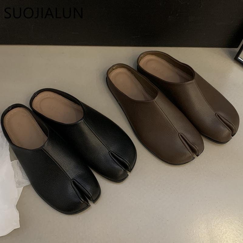 Mode SUOJIALUN 2024 Herbst Flacher Absatz Damen Hausschuhe Mode Zehentrenner Slip-On Damen Pantoletten Schuhe Lässig Outdoor Weicher Absatz Pantoletten Schuhe
