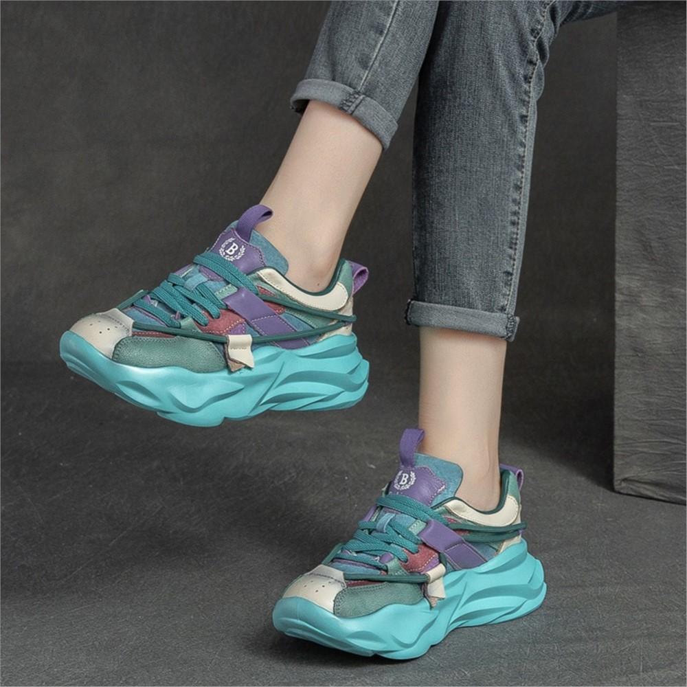 Johnature Lodičky Dámské Boty Pravá kůže Smíšené barvy Šněrovací Retro Jarní Kulatá Špička Šití Ruční práce Dámská obuv