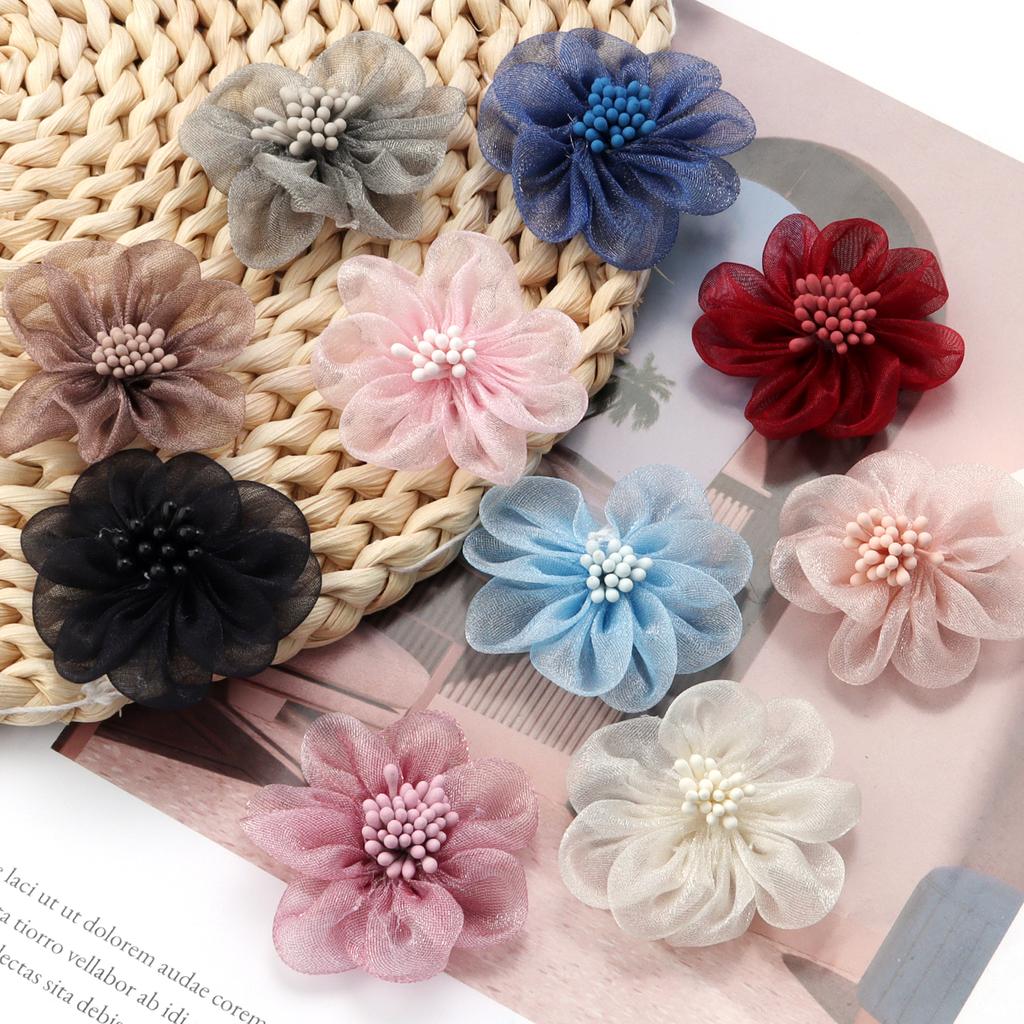 4pcs 5cm Organza Artificial Flowers Colorful Fabric Flowers With Stamens For DIY Wedding Party Home Clothing Headwear Decoration