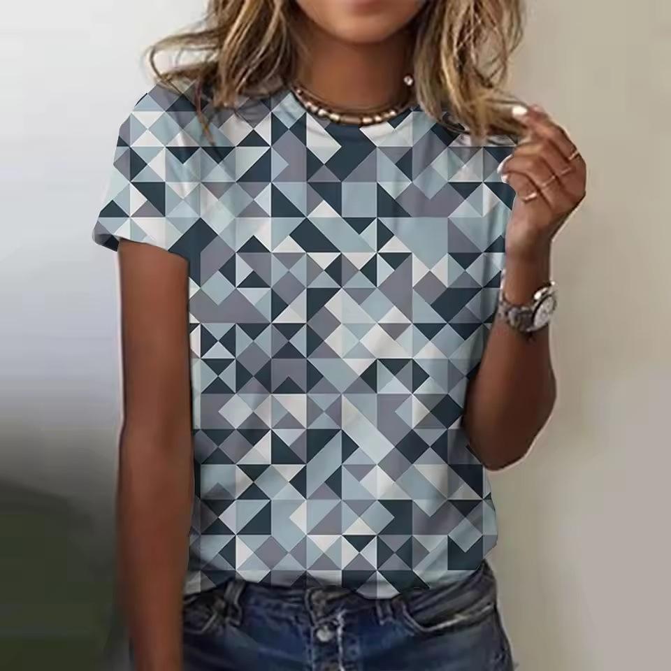 Summer Round Neck Geometric Pattern 3D Print Top Fashionable Casual Colorful Short Sleeved Women's T-shirts