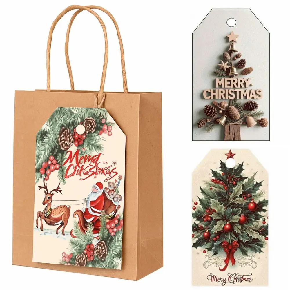 48Pcs Vintage with Rope Christmas Gift Tags Santa Claus Elk Christmas Hanging Label Paper Christmas DIY Cards Party Decoration