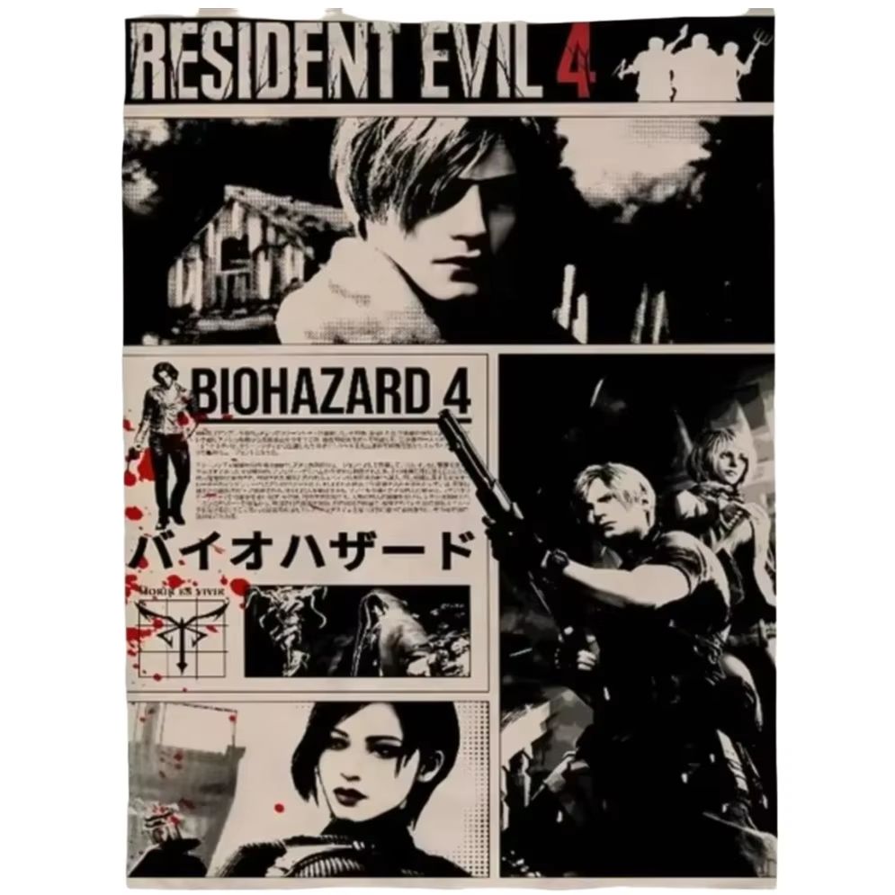 1 Stuk Stripverhaal Resident Evil 4 Wandkleed, Zwart-Wit Collage Print, Coole Kamer Spullen, Groot Formaat, Polyester 2D Wandkunst, Slaapkamer Stu 60X90cm