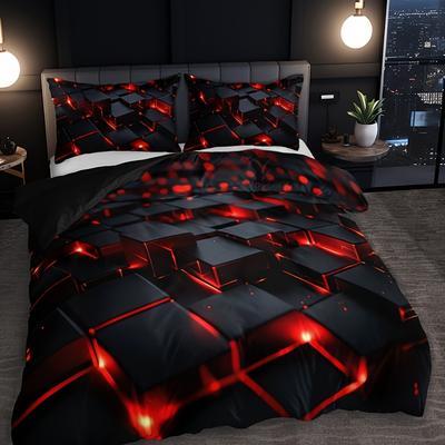 Geometrisches Rotes 3D-Würfel Bettbezug-Set Atmungsaktive Ganzjahresbettwäsche mit Kissenbezügen Digitaldruck Webstoff Heim-Schlafsaal-Dekor
