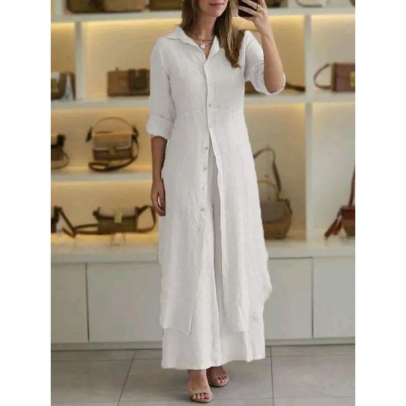 

Temperament Two-piece Set Slim fit Waist Hugging Long Shirt Wide Leg Pants Set Women Shirt Wide Leg Pants Set White XL