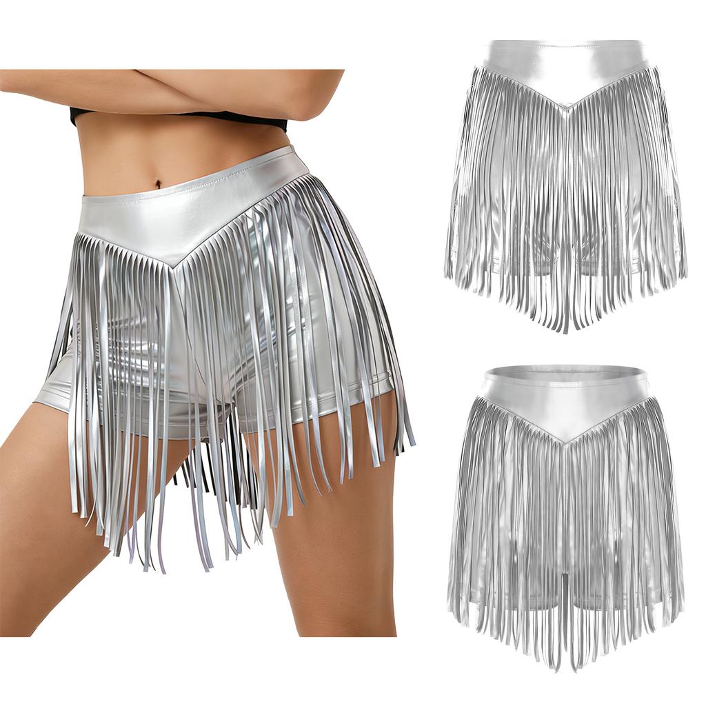 S-XXL Women's Fringed Booty Shorts: High Waist Iridescent Metallic Hot Pants with Tassel for Jazz Rock Dance Performance