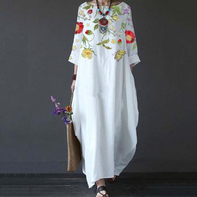Women Long Dress Round Neck 3/4 Sleeves Loose Floral Print Fashion Outfits Casual Wear Plus Size Spring Summer Casual Beach Dress Vacation Clothing
