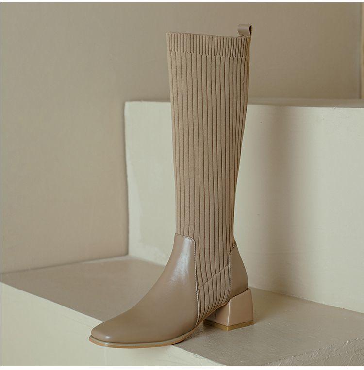 Fashion Comemore Retro Knitted Knee High Elastic Boots Chunky High Heeled Women's Sock Long Boots Casual Slip on Autumn Single Botas