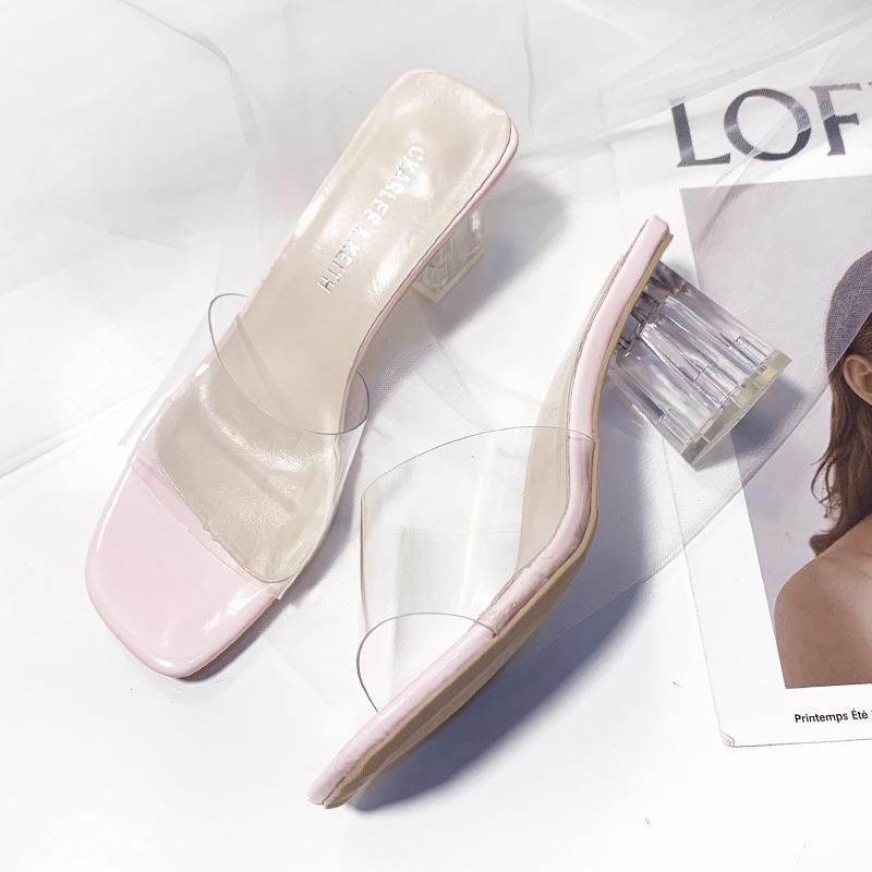 Popular  Crystal Clear Transparent Heel Slippers Female Shoes Middle Heels Comfortable New Summer Women Popular Mules Slides 42