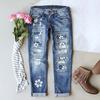 Women's Mid Rise Straight Leg Distressed Jeans Loose Fit Commuter Denim Pants Floral Patch Print Micro Stretch Vintage Washed Long Trousers For Autumn
