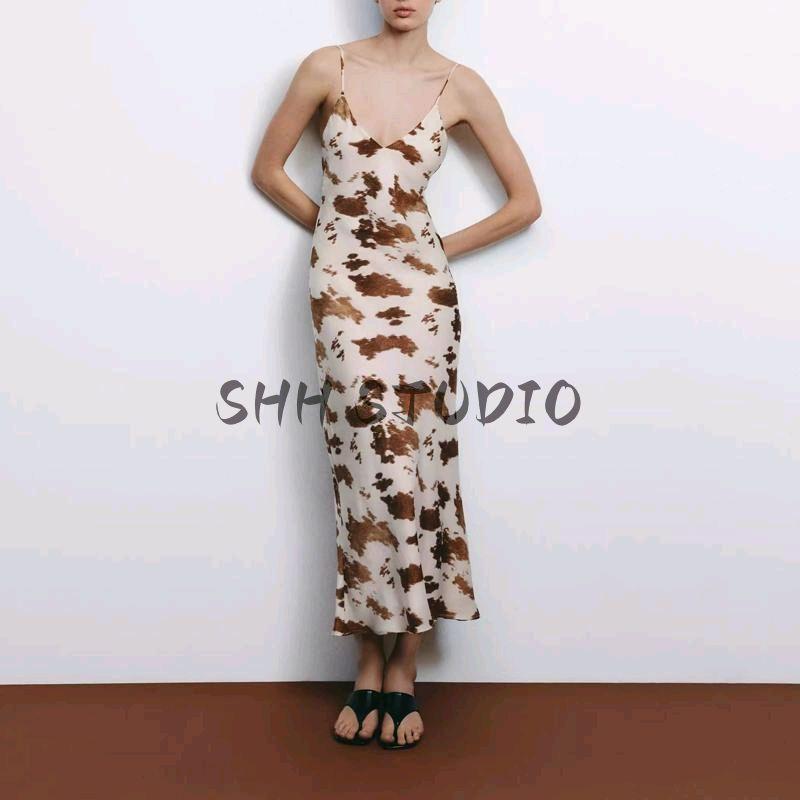 Spring New Women Clothes Western Style Evening Dress Silk Satin Texture V-neck Sling Midi Dress 2352101