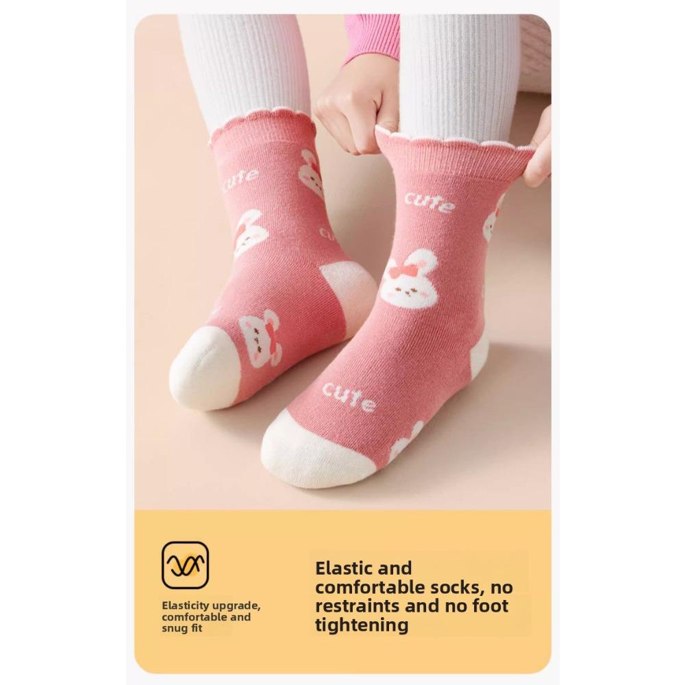 5pairs/1 Set Girls Cute Cartoon Mid Calf Socks Korean Princess Style Kids Versatile Winter