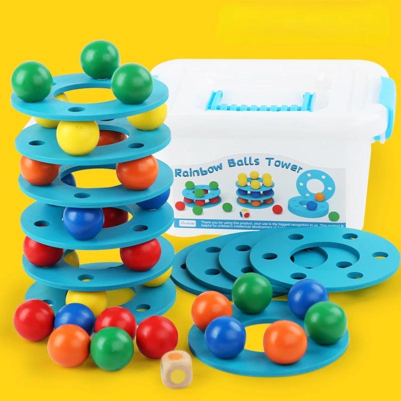 

Wooden Rainbow Ball Tower Stacking Blocks 3D Puzzle Funny Family Party Games Children Color Learning Educational Toys for Kids