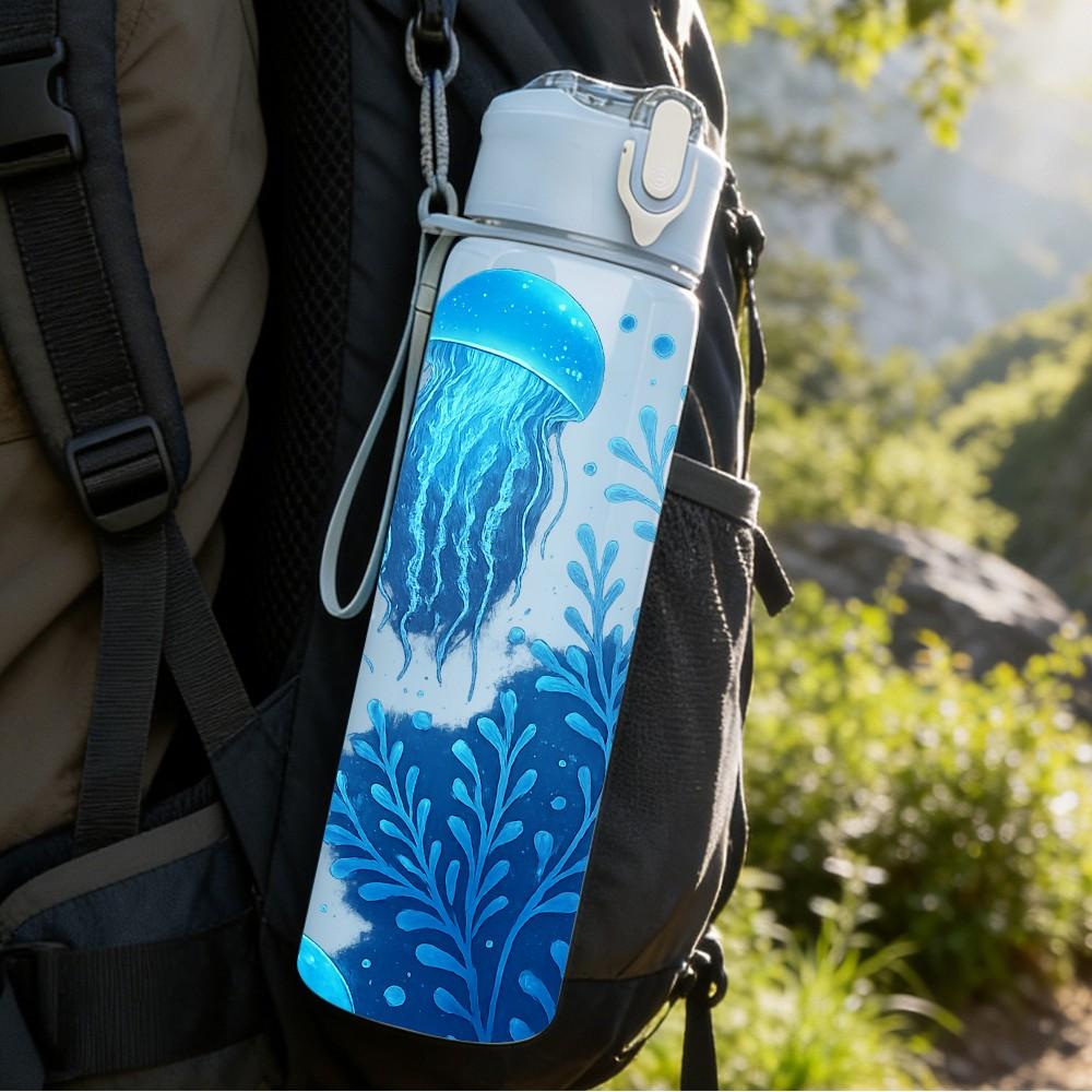 1PC Blue Jellyfish Coral Ocean Scene Print 750ml Color Plastic Sports Water Bottle Leakproof Flip Straw Lid Suitable for Sports Office Home Use