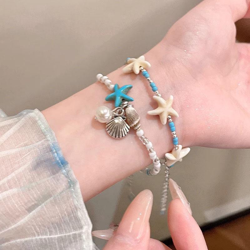 Seaside vacation~ blue shell starfish bracelet women's island beaded accessories bracelet new stacked jewelry