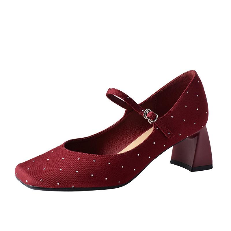 Ankara red, retro diamond-encrusted square heel one-word buckle Mary Jane shoes women's high-heeled shoes