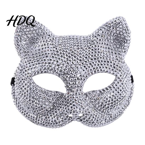 Cosplay Costume Props Full Rhinestone Halloween Mask Sparkling Skull And Cat Face Half Mask Adjustable Elastic Straps for Carnival Theme Dances Shiny