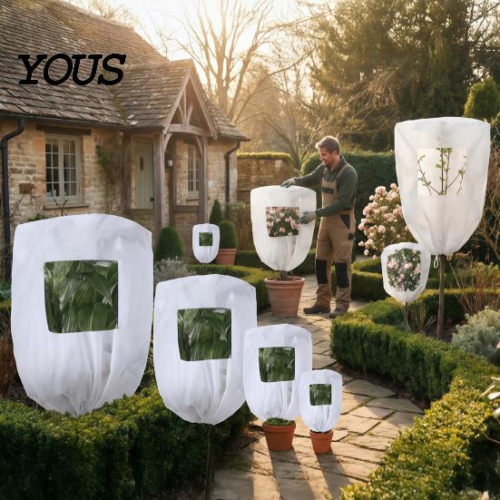 Freeze Proof Plant Sack Winter Cover, Drawstring Protection Bag with Window, Non-woven Thermal Barrier for Fabric Frost Blanket Outdoor Potted Plants