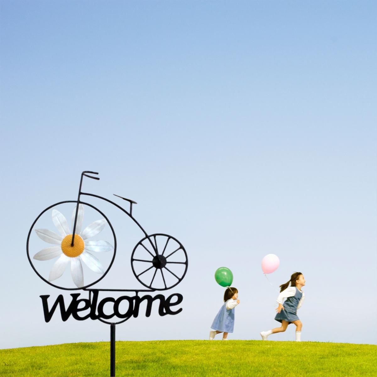 Wrought Iron Daisy Bicycle Welcome Sign - 47.2 Inch Outdoor Vintage Garden Yard Creative Welcome Art Decoration