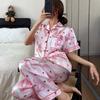 Women Striped Bow Turn Down Collar Short Sleeve Long Pants Pajama Set