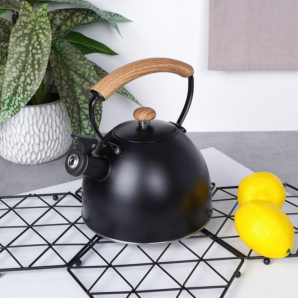 Black Steel Kettle with Whistle for Boiling Water on the Stove