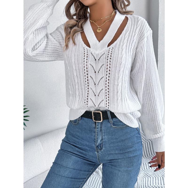 Autumn Winter Casual Hollow Out V-neck Twist Pullover Sweater Long Sleeve Casual Fashion Elegant Casual Tops Ladies Office Streetwear Simple Clothing