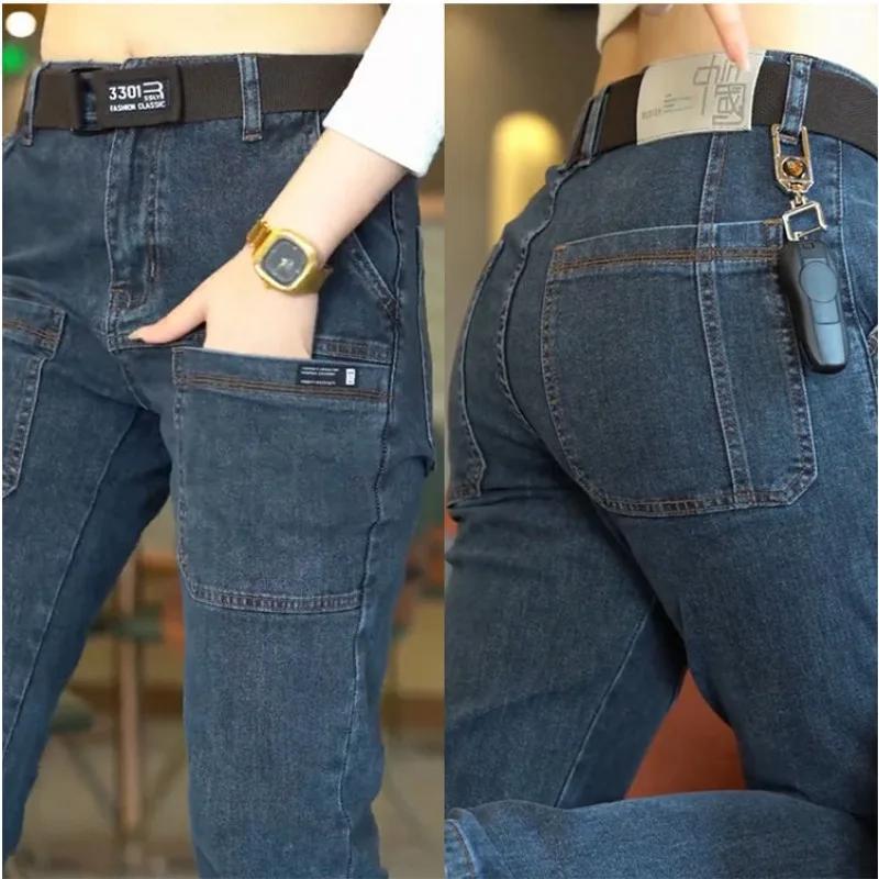 Korea Mode Männer Jeans Fracht Denim Hosen Casual Blau Grau Tasche Denim Hosen Gerade Jean Frauen Streetwear