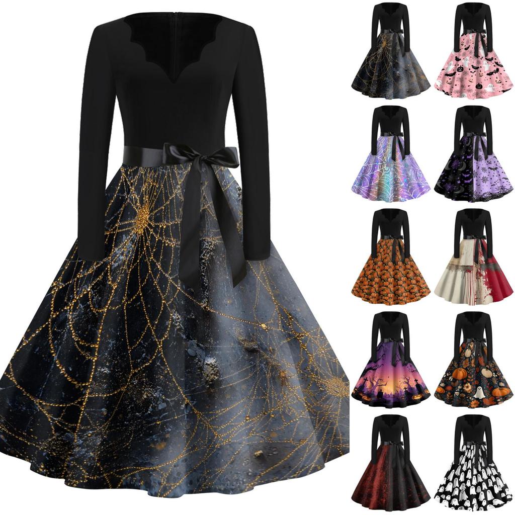 Women's Casual Long Sleeve V Neck Vintage Dress Halloween Print A Line Midi Dress with Waist Tie Belt for Everyday Wear