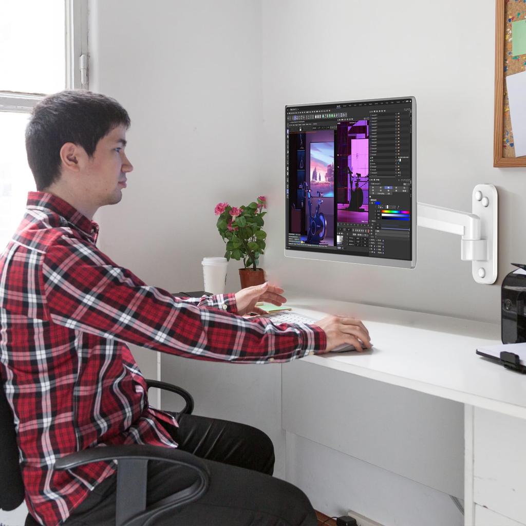 METIYA PC Monitor Arm, Wall Mount, LCD Display Arm, Up to 32-inch, Multi-Joint, Height Adjustable, Angle Adjustable Up/Down/Left/Right, VESA 75x75/100