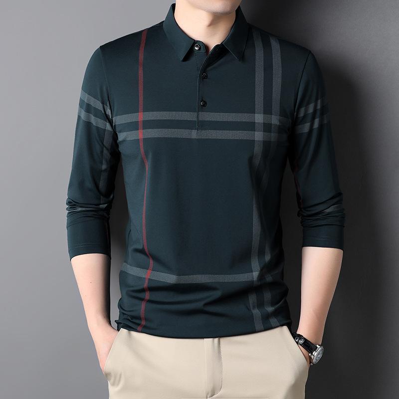 Volné pánské polo tričko Jaro Nové Pruhované Tištěné Klopa Dlouhý rukáv Ležérní Módní Pánské tričko