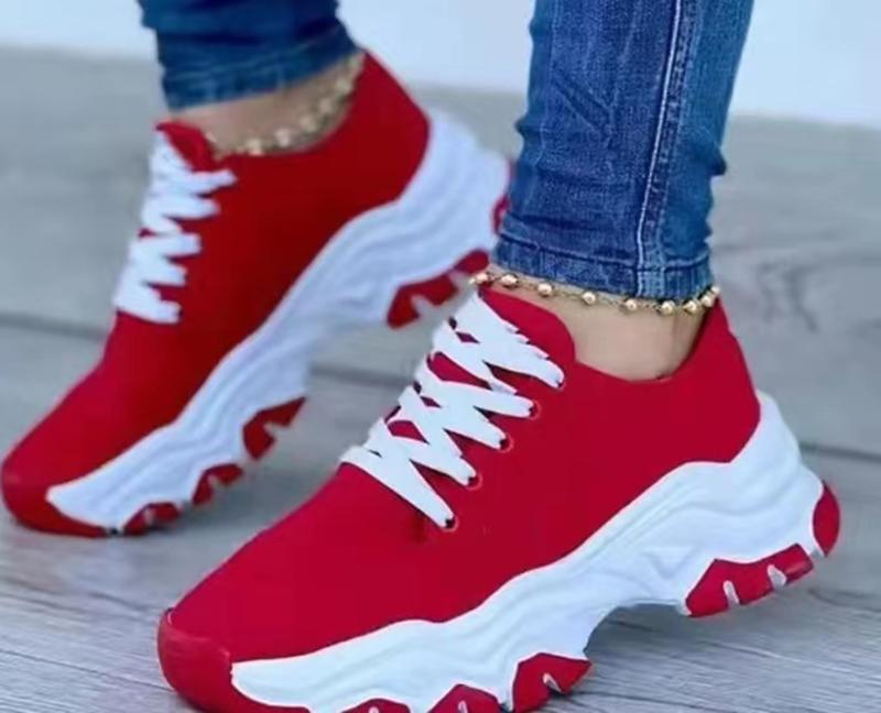 

2024 Новые парусиновые кроссовки на шнуровке, модные туфли на танкетке, кожаной платформе, вулканизированные туфли, повседневные кроссовки для взрослых, женские кроссовки с узором 37 красный