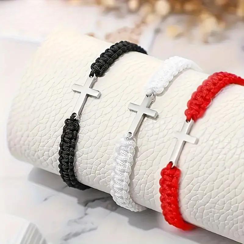 Bracelet d'amitié pour couple simple et élégant Tissé à la main Acier inoxydable Croix Corde pour la main Ensemble rouge et noir