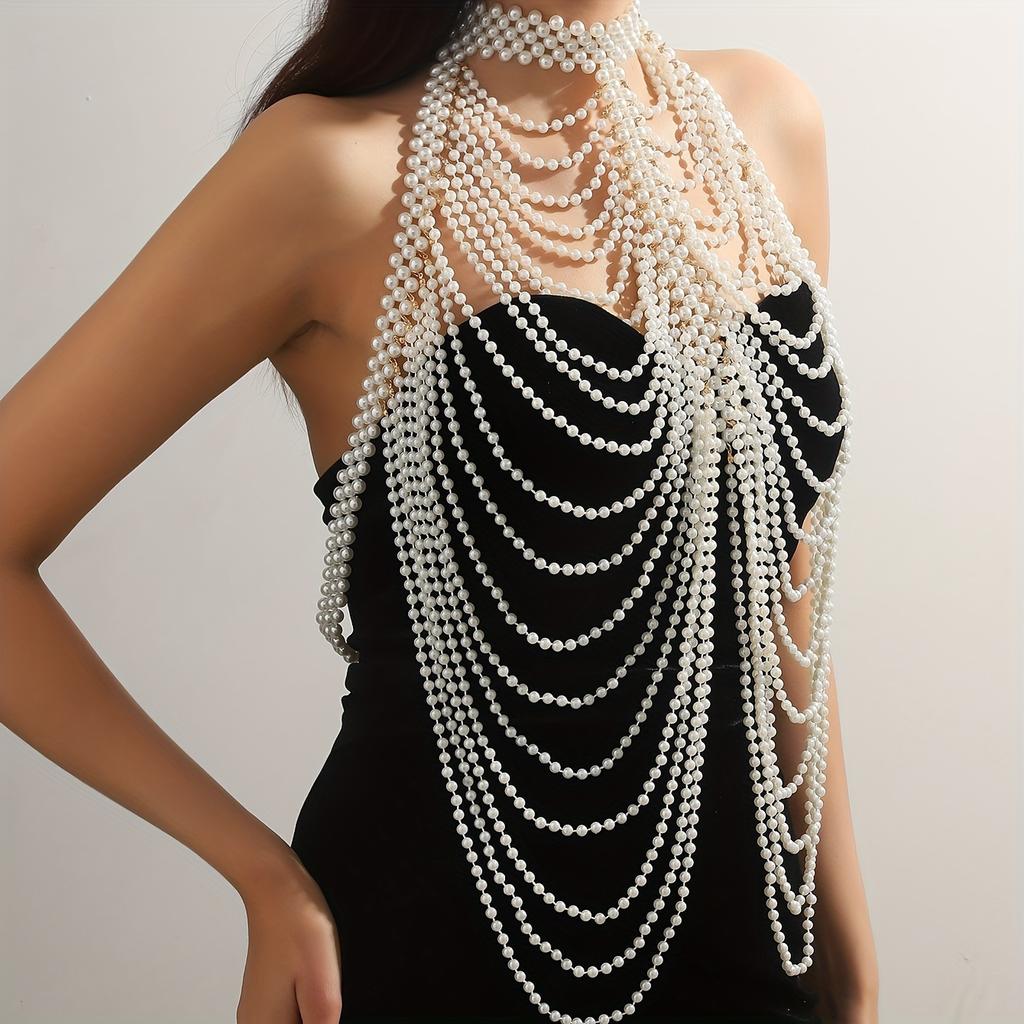 Creative Exaggerated Multi Imitation Pearl Tassel Design Shawl Chest Chain Sexy Luxury Style Personality Female Body Chain