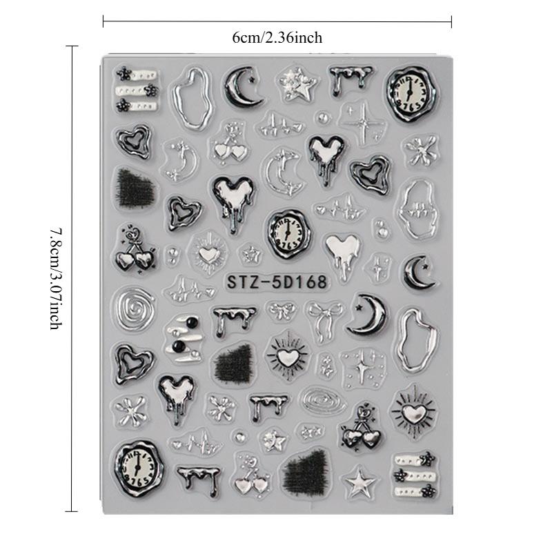 1PC embossed 5D liquid metal star, moon, and heart clock nail sticker, adhesive nail art sticker, holiday gift.