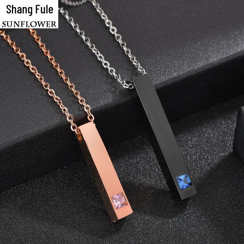 Titanium Steel Rectangular Cylinder Pendant with Four-Sided Laser Engraving In Rose Gold and Diamond for Couples