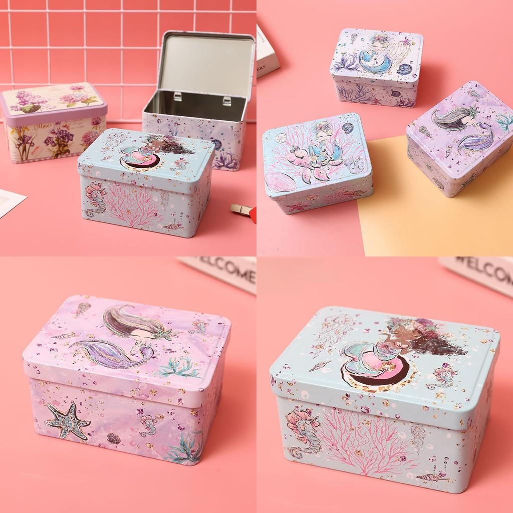 Mermaid Metal Storage Box With Lid For Desk Organizer Gift Decoration Students