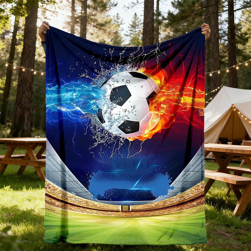 1pc Soccer Ball Fire Outdoor Blanket Lightweight Flannel, Soft & Warm, All-Season Use for Sofa, Outdoor, Camping, Living Room, Office089