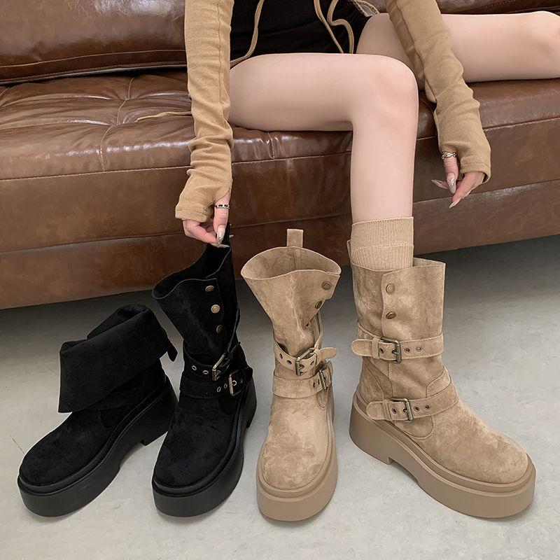 Women's Belt Buckle Not Tired Feet Thick Sole Heightening Soft Elastic Comfort Shock Absorption Non-slip Casual Sports Martin Boots