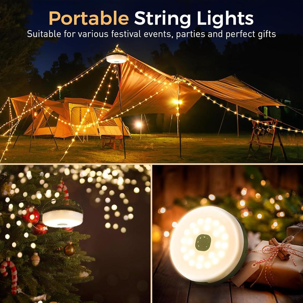 Camping String Lights, 2 In 1 Quick Storage 32.8FT Rechargeable Tent Lights String with 8 Modes, Hanging Waterproof Portable LED Lamp for Outdoor