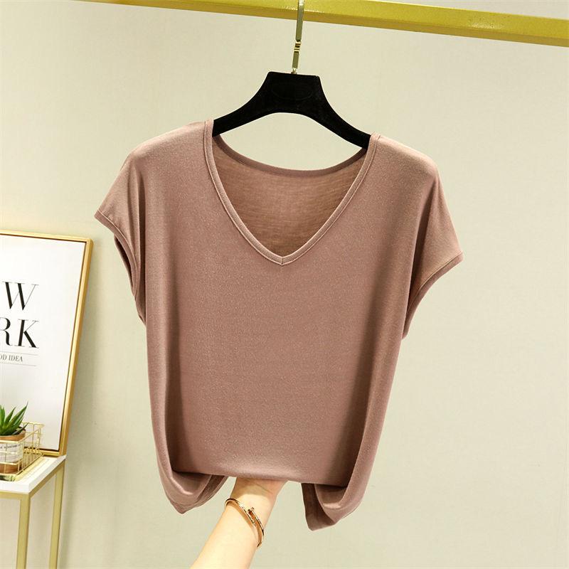Women Summer Solid V Neck Basic T Shirt Modal Loose Tee Tops Casual Undershirt