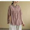 Women's Peter Pan Collar Short Sleeve Blouse Loose Fit Vintage Floral Print Cotton Linen Casual Top