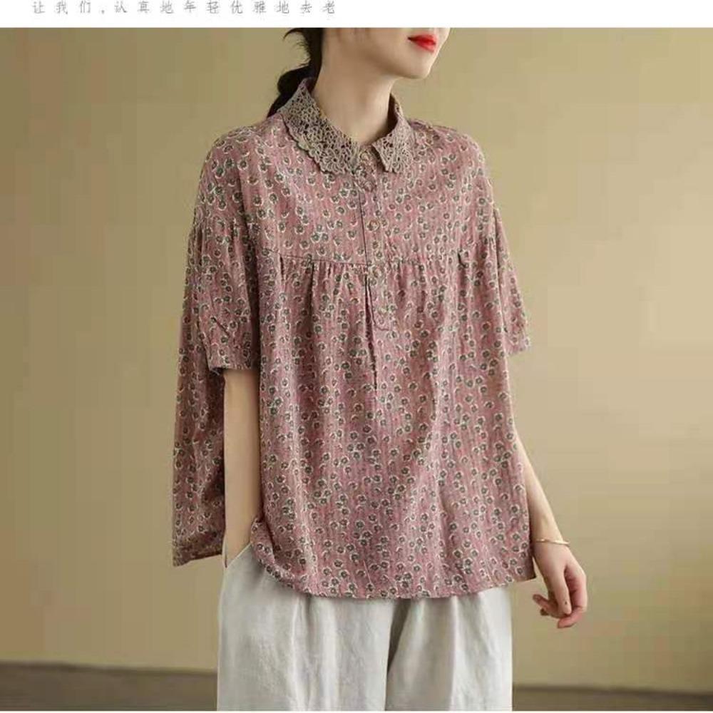 Women's Peter Pan Collar Short Sleeve Blouse Loose Fit Vintage Floral Print Cotton Linen Casual Top