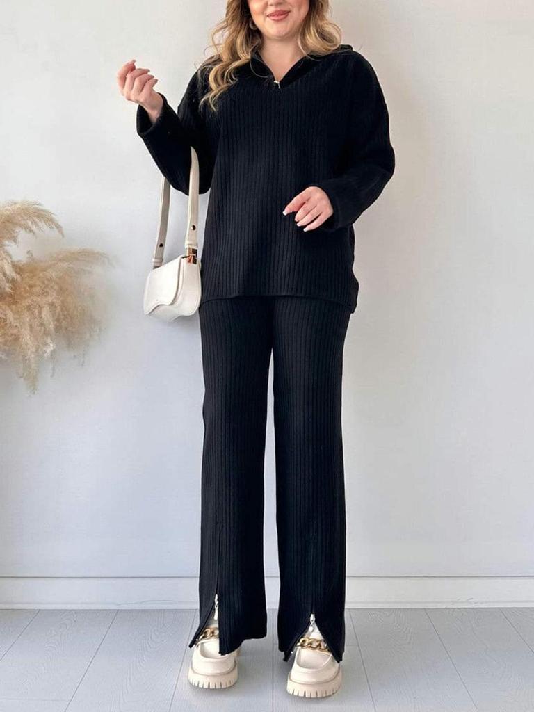 Spring 2025 Women's Solid Color Zippered Knit Set: High Neck Ribbed Loungewear Two-Piece