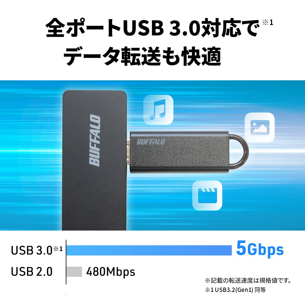 Buffalo USB USB Slim 4 Bus Compatible with Ideal for Teleworking and Remote Work Hub, 3.0, Design, Ports, Powered, Lightweight, Windows, Mac, PS4,