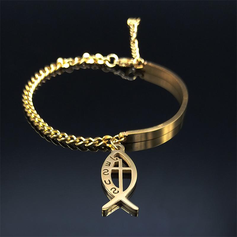 Stainless Steel Christian Fish Cross Jesus Bracelets for Women Gold Color Bangle Bracelets Jewelry braccialetti donna B1711S05
