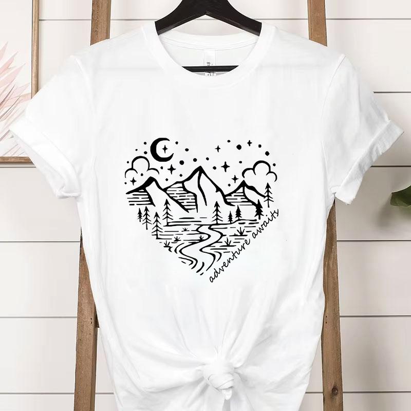 Crew Neck Short Sleeve Tshirt Women Mountain Hiking Gifts Funny Camping Shirt Adventure Awaits Outdoor Graphic T Shirts Women S